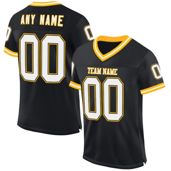 Maillot de football rétro authentique en maille noire, blanche et dorée, personnalisé